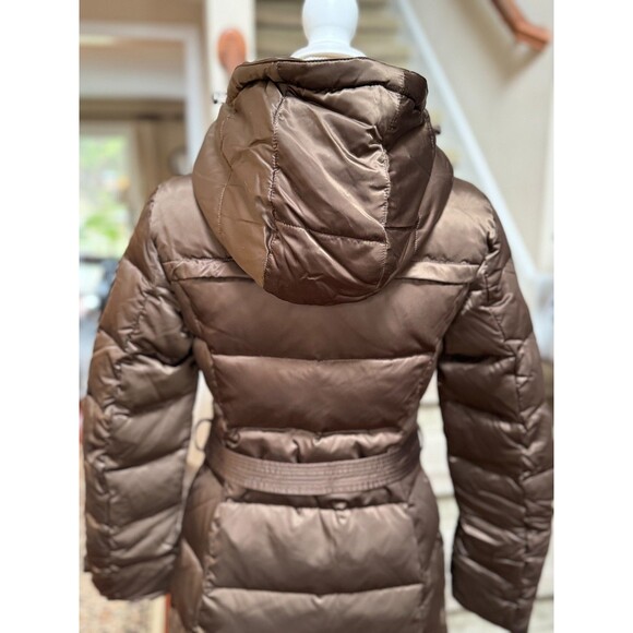 Women’s Long Belted Puffer Coat Sz S Brown Quilted Winter Jacket Removable Hood - Picture 7 of 12